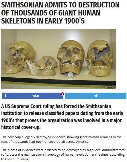 Worldnewsdailyreport & YourNewsWire Falsely Claim Smithsonians Admit Destruction of Giant Skeletons -Adl Tatabai & Dmitry Baxter Smell Bad.